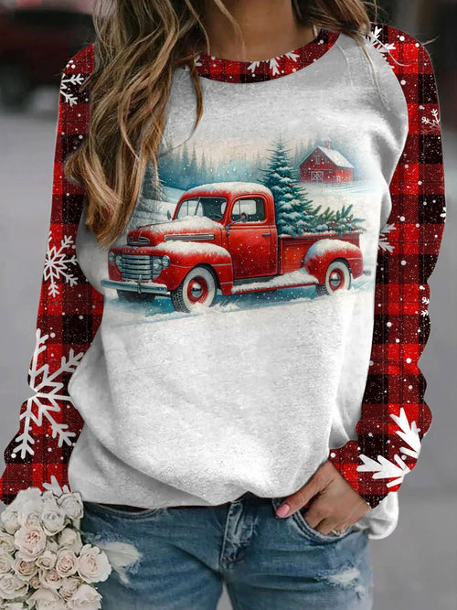Women's Red Car Carrying A Christmas Tree Printed Round Neck Long Sleeve Sweatshirt