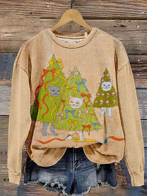 Women's  Cat Christmas Tree Print Sweatshirt
